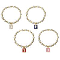 Messing Armbanden, met Plastic Pearl, gold plated, met cross patroon & voor vrouw & glazuur, meer kleuren voor de keuze, Lengte Ca 6.6 inch, Verkocht door PC