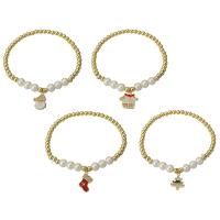 Bracelet de vacances de Noël, laiton, avec perle de plastique, Placage de couleur d'or, styles différents pour le choix & pavé de micro zircon & pour femme & émail, Longueur Environ 6.6 pouce, Vendu par PC