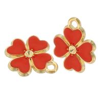 Emaille hangers met zink legering, Zinc Alloy, Four Leaf Clover, gold plated, uniseks & glazuur, rood, nikkel, lood en cadmium vrij, 13x16x2mm, Gat:Ca 2mm, Ca 500pC's/Bag, Verkocht door Bag