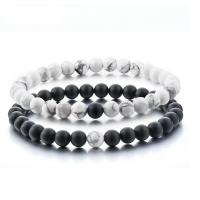 Bracelets de pierres précieuses, Magnésite, avec Abrazine Stone & fil élastique, Rond, 2 pièces & bijoux de mode & unisexe, blanc et noir, 6mm, Longueur Environ 19 cm, Vendu par paire