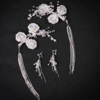 Bergkristal Sieraden set, haar clip & oorbel, met Plastic Pearl, handgemaakt, 2 stuks & voor bruids & met strass, wit, 7*14cm(17cm), 3sets/Lot, Verkocht door Lot