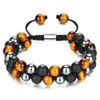 Gemstone Bracciali, occhio di tigre, with Cordone di nodi & Nero -Magnetico-Pietra & lava, fatto a mano, Doppio strato & unisex, 16mm, Lunghezza Appross. 7.5-11.8 pollice, Venduto da PC