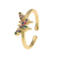 Brass Cuff Finger Ring Butterfly gold color plated Adjustable & micro pave cubic zirconia & for woman Sold By PC