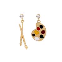 Boucles d'oreilles asymétriques, alliage de zinc, Placage de couleur d'or, pour femme & émail, multicolore, 10x55mm, Vendu par paire