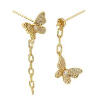 Boucles d'oreilles asymétriques, laiton, papillon, Placage de couleur d'or, pour femme & avec strass, doré, protéger l'environnement, sans nickel, plomb et cadmium, 12x35mm,9x28mm,1mm, Vendu par paire