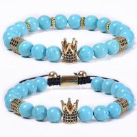 Fashion Turquoise Bracelets with Knot Cord & Brass Crown Unisex & micro pave cubic zirconia 8mm Length Approx 6.6-11.8 Inch Sold By PC