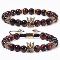 Naturlige Tiger Eye Armbånd, Red Tiger Eye Stone, med Knude ledning & Messing, Crown, Unisex & forskellige stilarter for valg & Micro Pave cubic zirconia, 8mm, Længde Ca. 6.6-11.5 inch, Solgt af PC