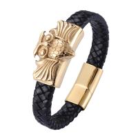 Cuero Pulsera, con acero inoxidable 316L, Búho, chapado en color dorado, Joyería & longitud diferente para la opción & para hombre, más colores para la opción, 12mm, Vendido por UD