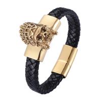 Cuero Pulsera, con acero inoxidable 316L, Calavera, chapado en color dorado, Joyería & longitud diferente para la opción & para hombre, más colores para la opción, 12mm, Vendido por UD