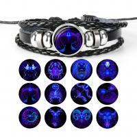 Modezeit Gem Armband, PU Leder, mit Glas & Zinklegierung, mit Verlängerungskettchen von 8cm, rund, silberfarben plattiert, Einstellbar & Modeschmuck & mit Sternbild-Muster & Epoxy Aufkleber, keine, 16mm, Länge 18 cm, verkauft von PC