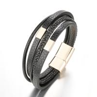 PU Armband, met Zinc Alloy, gold plated, mode sieraden & multilayer & voor de mens, zwart, Lengte Ca 7.8 inch, Verkocht door PC