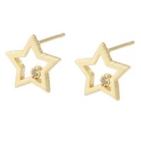 Pendientes de Perno en Latón, metal, Estrella, chapado en color dorado, para mujer & con diamantes de imitación & hueco, dorado, libre de níquel, plomo & cadmio, 10x10mm,1mm, Vendido por UD