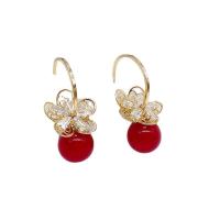 aleación de zinc Pendientes con Colgantes, con cúbica circonia & Ojo de gato, chapado en color dorado, Joyería & para mujer & facetas, Rojo, libre de níquel, plomo & cadmio, 30-60mm, Vendido por Par