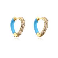 Orecchini cerchietti Hoop ottone, Cuore, placcato color oro, Micro spianare cubic zirconia & per la donna & smalto, nessuno, 16x17mm, Venduto da coppia