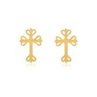 Titan Stål Stud Earring, Cross, guldfärg pläterade, för kvinna & ihålig, 7x12mm, Säljs av Par