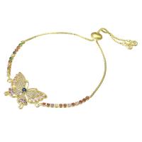 Bracelet cubique en laiton zircon pavent, papillon, Réglable & pavé de micro zircon & pour femme, multicolore, 28x18x3mm, Longueur Environ 10 pouce, Vendu par PC