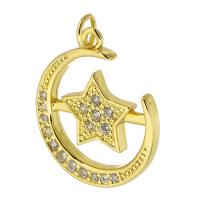 Cubic Zirconia Micro Pave Pingente de Prata Sterling, cobre, Lua e estrela, cromado de cor dourada, joias de moda & DIY & micro pavimento em zircônia cúbica, dourado, 19x22x2mm, Buraco:Aprox 3mm, 10PCs/PC, vendido por PC