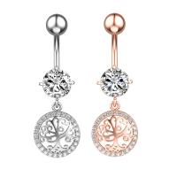 Rustfrit stål Belly Ring, 304 rustfrit stål, med Cubic Zirconia & Messing, Tree of Life, Galvanisk plettering, for kvinde & facetteret, flere farver til valg, 50-80mm, Solgt af PC