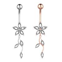 Rustfrit stål Belly Ring, 304 rustfrit stål, med Cubic Zirconia & Messing, Flower, Galvanisk plettering, for kvinde & facetteret, flere farver til valg, 50-80mm, Solgt af PC