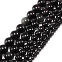 Perles obsidienne noire, Rond, poli, DIY, noire, Vendu par 38 cm brin