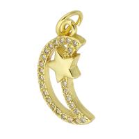 Messing hanger met micro-paved kubieke zirconia's, Maan en Ster, gold plated, mode sieraden & DIY & micro pave zirconia, gouden, 9x16x2mm, Gat:Ca 3mm, 10pC's/Lot, Verkocht door Lot