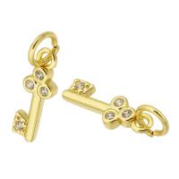 Messing hanger met micro-paved kubieke zirconia's, Sleutel, gold plated, mode sieraden & DIY & micro pave zirconia, gouden, 5x14x2mm, Gat:Ca 3mm, 10pC's/Lot, Verkocht door Lot