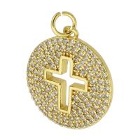 Cubique Pendentif en laiton zircon pavent, Rond, Placage de couleur d'or, bijoux de mode & DIY & pavé de micro zircon, doré, 19x21x2mm, Trou:Environ 3mm, 10PC/lot, Vendu par lot