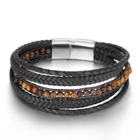 cuir PU bracelet, avec Acier titane & oeil de tigre, vernis au four, bijoux de mode & multicouche & unisexe, 30x15mm, Longueur Environ 8.46 pouce, Vendu par PC