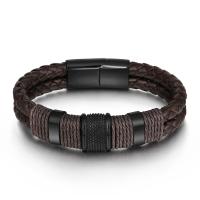 Lederen koord armband, Leer, met 304 roestvrij staal, Afdrukken, Dubbele laag & mode sieraden & voor de mens, meer kleuren voor de keuze, 30mm,12mm, Lengte Ca 7.67 inch, Verkocht door PC