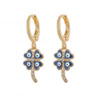 Huggie hoepel Drop Earrings, Messing, Four Leaf Clover, gold plated, boze oog patroon & micro pave zirconia & voor vrouw & glazuur, blauw, 9.20x29mm, Verkocht door pair