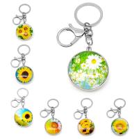 Key Chain, Zinc Alloy, med Glas, Runde, sølvfarvet forgyldt, forskellige stilarter for valg & dobbeltsidet, flere farver til valg, nikkel, bly & cadmium fri, Solgt af PC