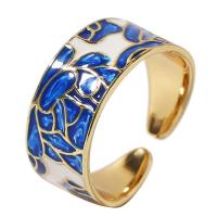 Messing Manchet Finger Ring, gold plated, Verstelbare & voor vrouw & glazuur, blauw, 18mm, Verkocht door PC