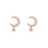 Boucles d'oreilles en laiton zircon cubique pavent, Lune et Etoile, Plaqué de couleur d'or rose, pavé de micro zircon & pour femme, 17mm, Vendu par paire