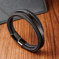 cuir PU bracelet, avec Acier inoxydable 304, bijoux de mode & multicouche & pour homme, noire, Longueur 21 cm, Vendu par PC