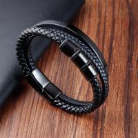 Cuero de PU Pulsera, con acero inoxidable 304, Esférico, chapado en color plomo negro, Joyería & para hombre, Negro, longitud 21 cm, Vendido por UD