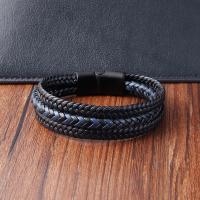 Cuero de PU Pulsera, con acero inoxidable 304, Esférico, chapado en color plomo negro, Joyería & para hombre, Negro, longitud 21 cm, Vendido por UD