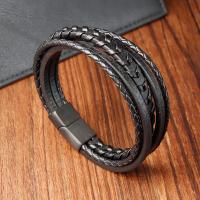 cuir PU bracelet, avec Acier inoxydable 304, bijoux de mode & multicouche & pour homme, noire, Longueur 21 cm, Vendu par PC