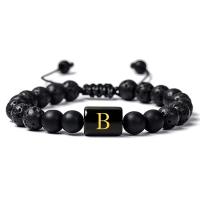 Gemstone Bracelets Lava with Abrazine Stone & Polyester Cord Alphabet Letter handmade Unisex & adjustable black 8mm Length 7-11.5 Inch Sold By PC