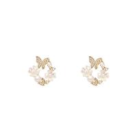 Cubic Zirconia Micro Pave Brass Earring with Shell & Plastic Pearl gold color plated micro pave cubic zirconia & for woman 20mm Sold By Pair