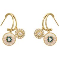 Boucles d'oreilles en laiton zircon cubique pavent, avec coquille, Placage de couleur d'or, pavé de micro zircon & pour femme, 28mm, Vendu par paire