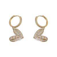 Boucle d’oreille goutte strass Hoop, laiton, coeur, Placage de couleur d'or, pour femme & avec strass, 15x30mm, Vendu par paire