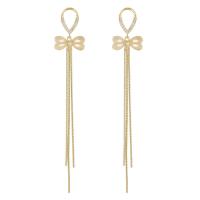 Fashion Fringe Boucles d'oreilles, laiton, avec Oeil de chat, Noeud papillon, Placage de couleur d'or, pavé de micro zircon & pour femme, 17x83mm, Vendu par paire