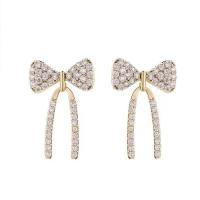 Messing Stud Earring, Bowknot, guldfarve belagt, Micro Pave cubic zirconia & for kvinde, 25mm, Solgt af par