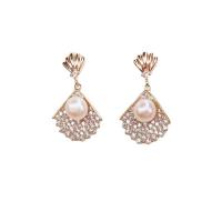 Brass Drop Earring with Plastic Pearl gold color plated micro pave cubic zirconia & for woman Sold By Pair