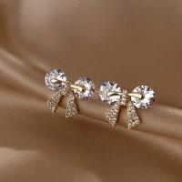 Brass Stud Earring Bowknot gold color plated micro pave cubic zirconia & for woman Sold By Pair