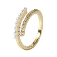 Cubique anneau en laiton Circonia Micro Pave, avec perle de plastique, Placage de couleur d'or, Réglable & pavé de micro zircon & pour femme, Or, 17mm, Vendu par PC