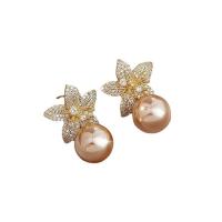 Brass Drop Earring with Plastic Pearl gold color plated micro pave cubic zirconia & for woman Sold By Pair