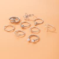 Cink Alloy Ring Set, Cink ötvözet, -val Műanyag Pearl, ezüst színű bevonattal, 3D hatás & a nő & strasszos & üreges, ezüst, nikkel, ólom és kadmium mentes, Kb 9PC-k/Set, Által értékesített Set