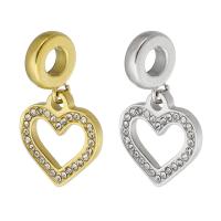 Rustfrit stål European vedhæng, 316 Stainless Steel, Heart, Unisex & med rhinestone & hule, flere farver til valg, 14x25x2mm, Hole:Ca. 4mm, Solgt af PC