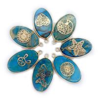 Shoushan Stone Pendentif, avec laiton, ellipse, Placage de couleur d'or, DIY & styles différents pour le choix, bleu, 19x35mm, Vendu par PC